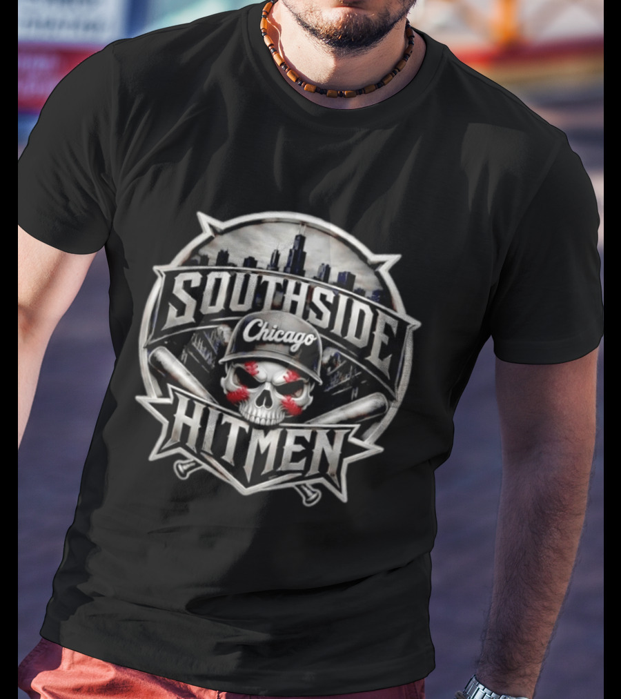 Southside Chicago Hitmen Skull Baseball Bats City Skyline T-Shirt