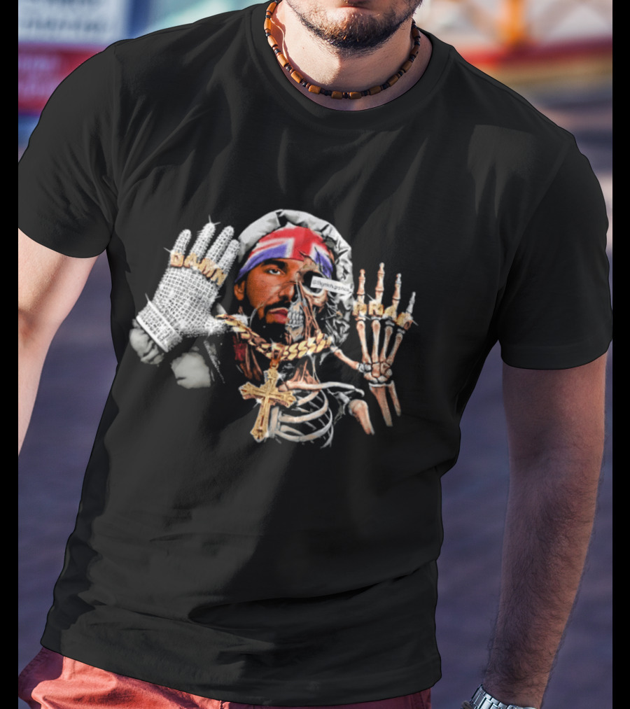 Damn Pray Skeleton Half Face Union Jack Diamond Glove Cross Necklace T-Shirt