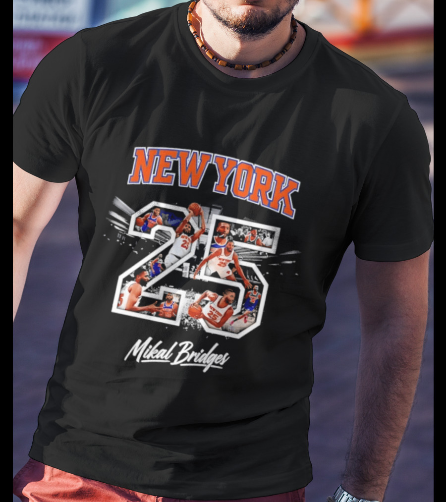 New York Knicks 25 Mikal Bridges Basketball Action Montage T-Shirt