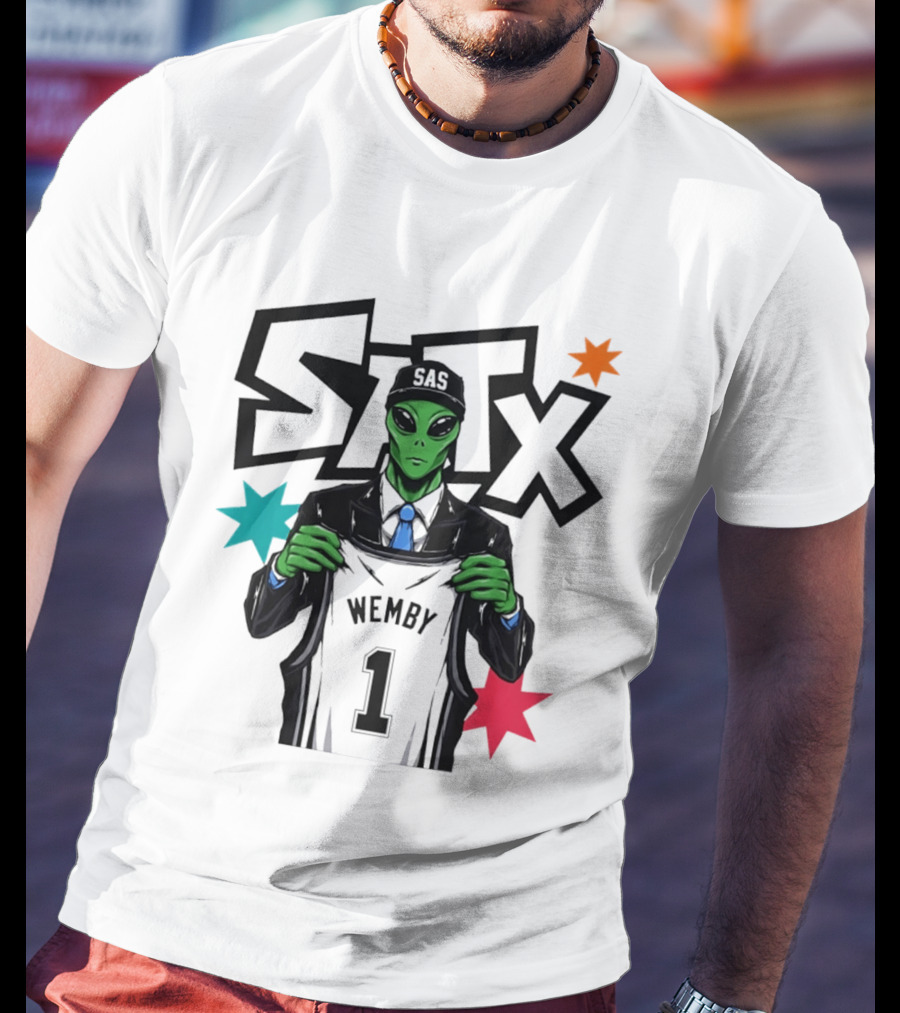 STX SAS Alien Wemby Holding Spurs Jersey Victor Wembanyama T-Shirt