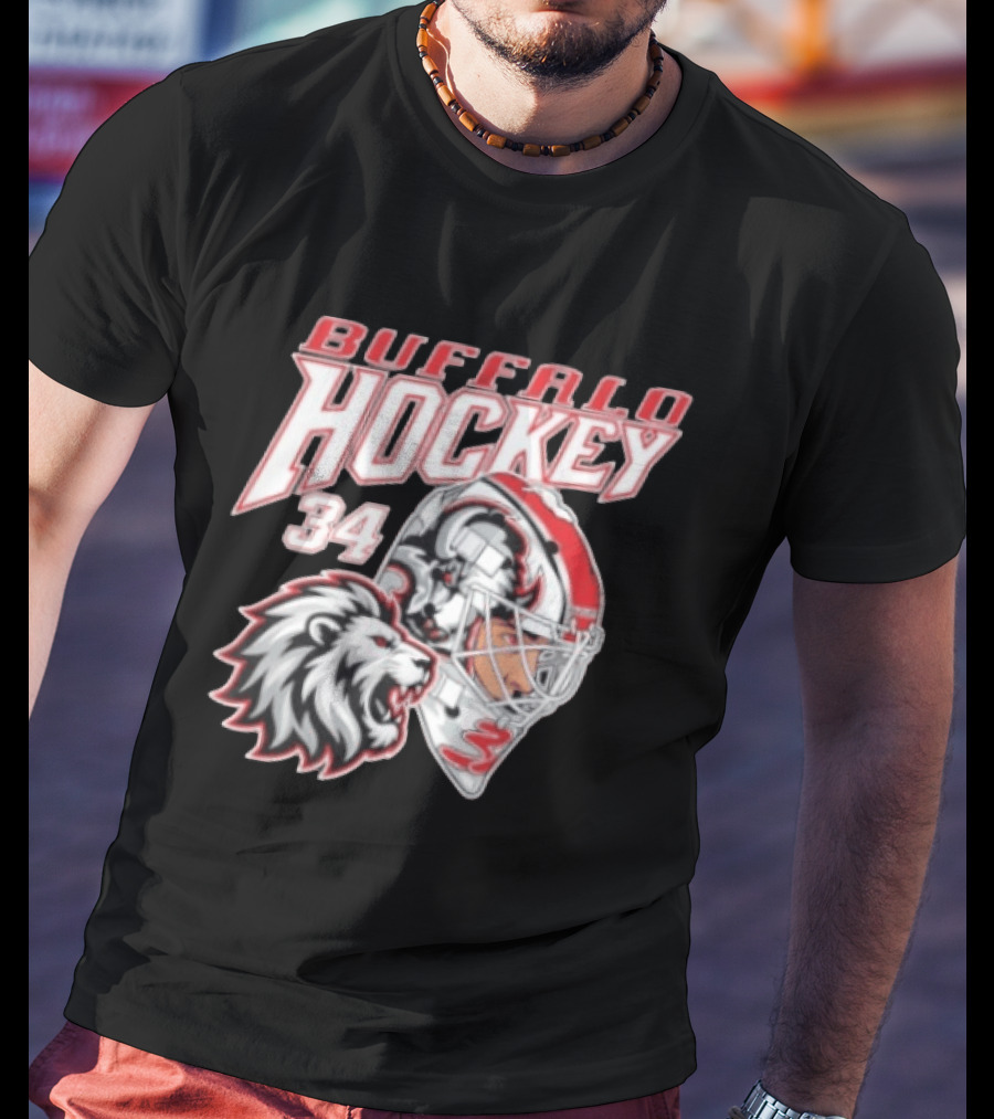 Buffalo Hockey 34 Alex Lyon Lion Graphic With Hockey Helmet T-Shirt