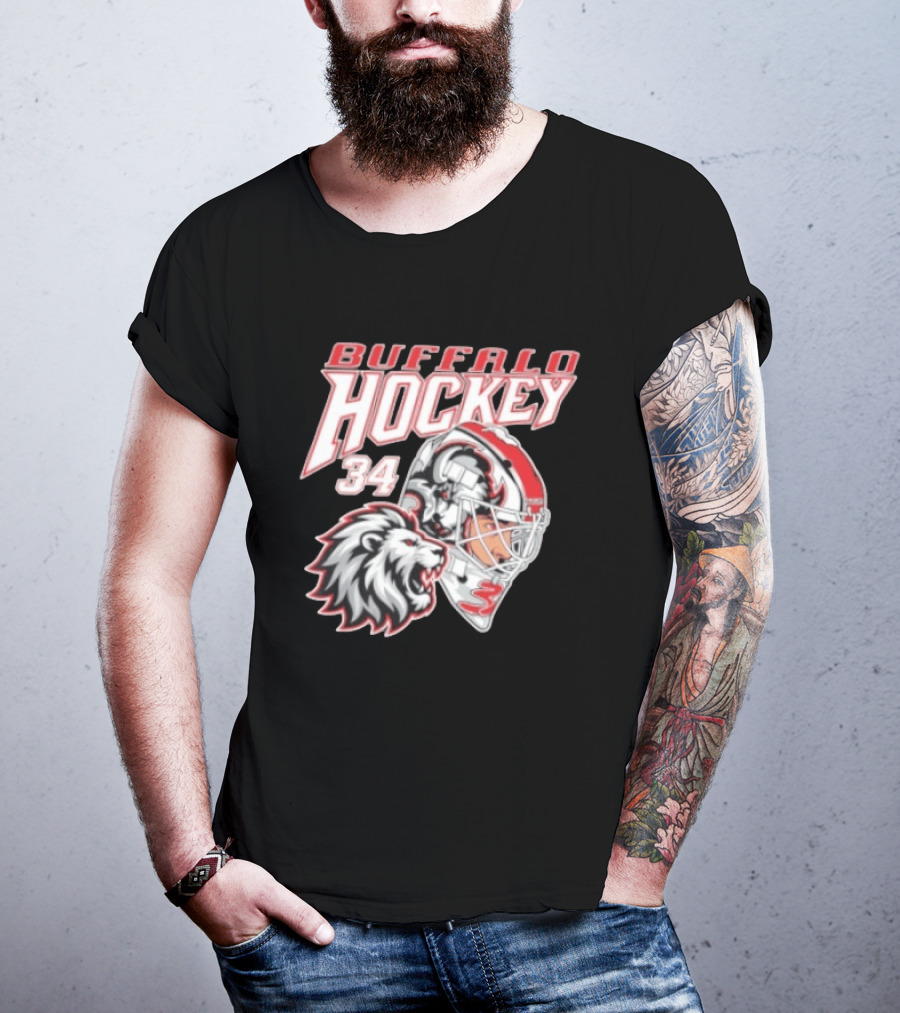 Buffalo Hockey 34 Alex Lyon Lion Graphic With Hockey Helmet T-Shirt