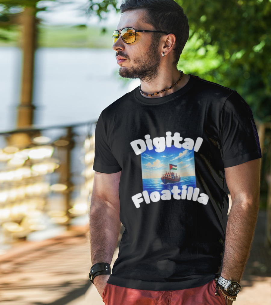 Digital Floatilla Boat With Flag On Ocean Waves T-Shirt
