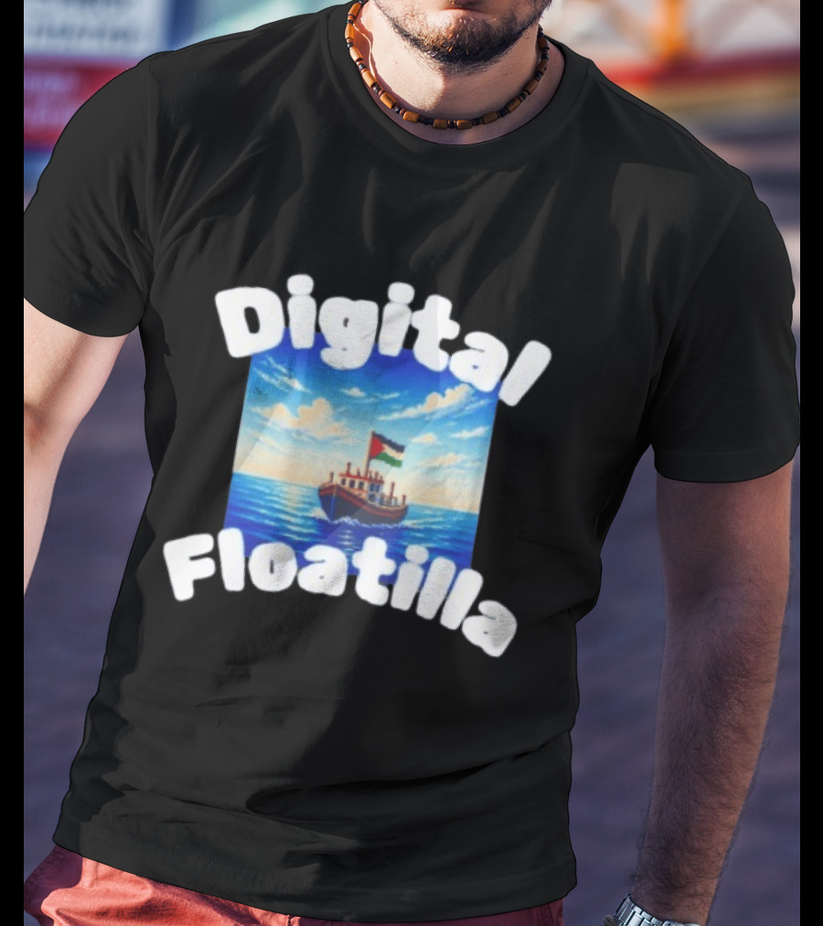 Digital Floatilla Boat With Flag On Ocean Waves T-Shirt