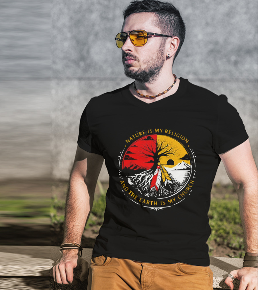 NATURE IS MY RELIGION AND THE EARTH IS MY CHURCH Tree Circle Red Yellow Feather T-Shirt