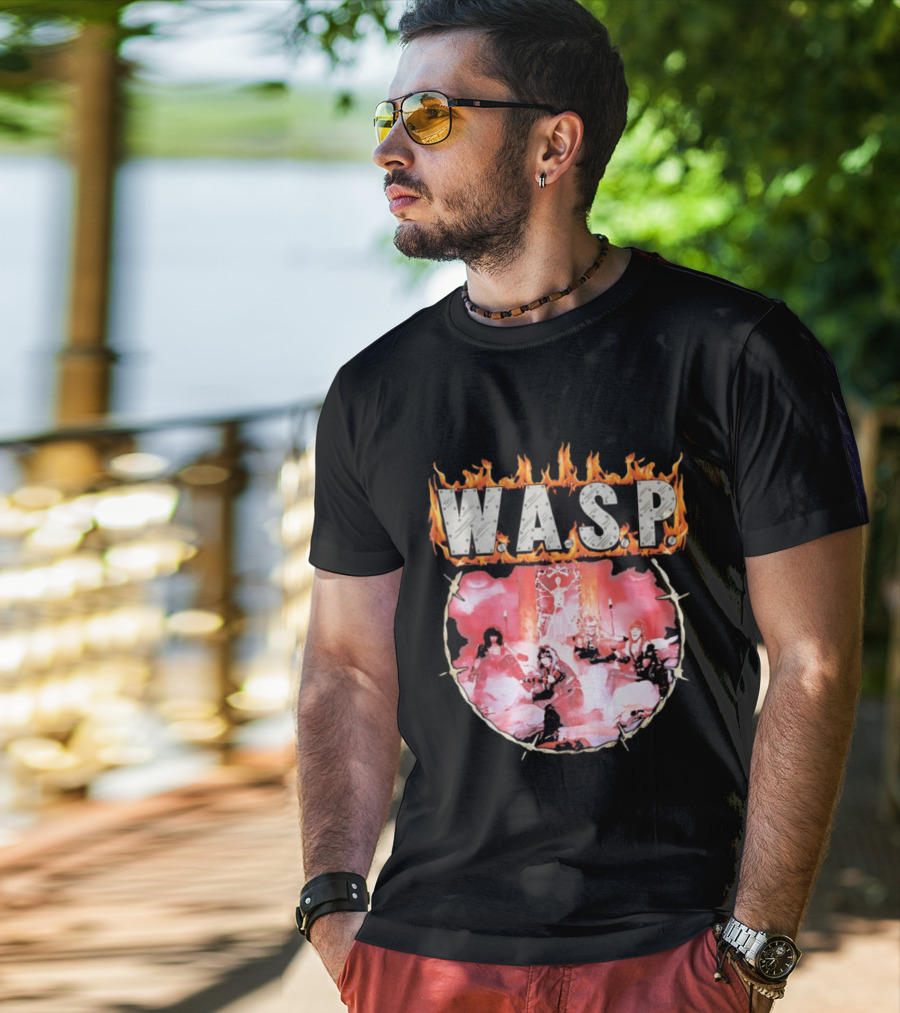 W.A.S.P. Band Fire With Group Photo And Flaming T-Shirt