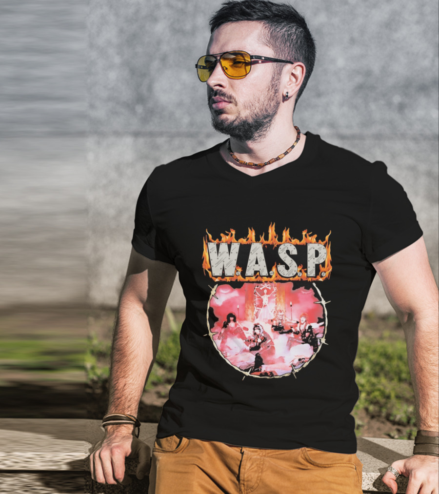 W.A.S.P. Band Fire With Group Photo And Flaming T-Shirt
