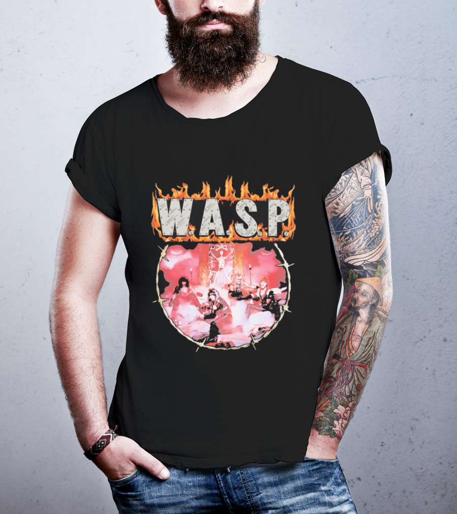 W.A.S.P. Band Fire With Group Photo And Flaming T-Shirt
