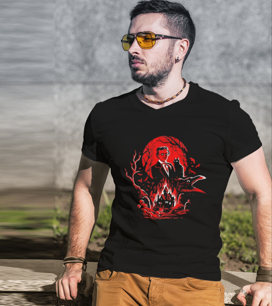 Edgar Allan Poe Gothic Horror Raven And Black Cat T-Shirt