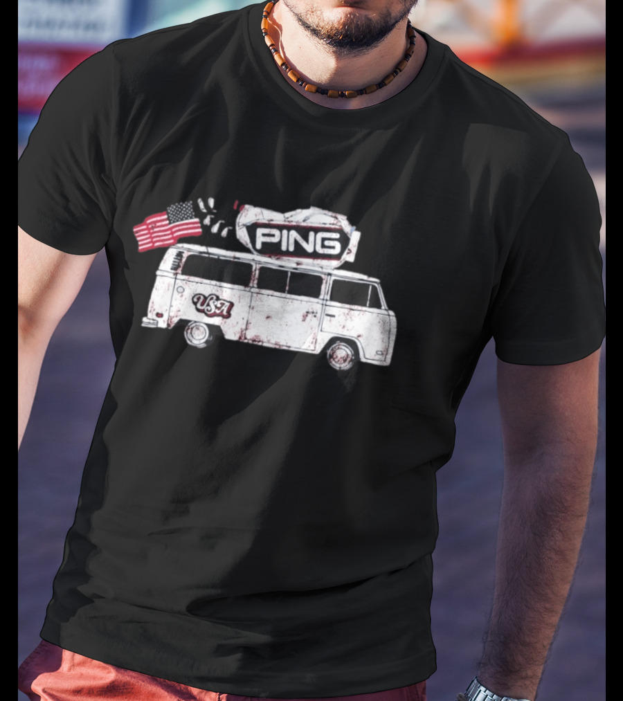 Ping USA Vintage Bus With American Flag And Surfboard T-Shirt