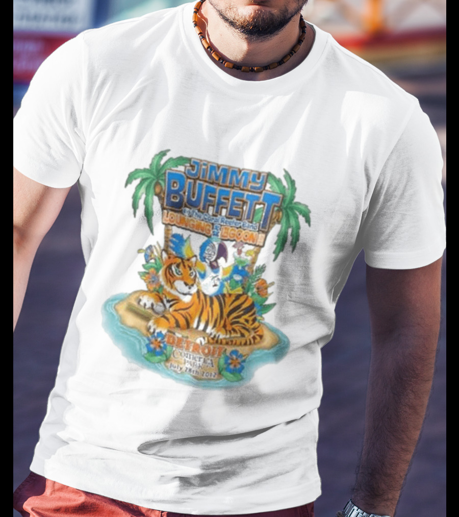 Jimmy Buffett The Coral Reefer Band Lounging At The Lagoon Detroit Comerica Park July 28th 2012 Tiger Palm Trees T-Shirt