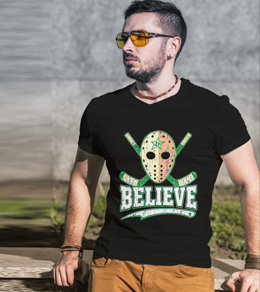 Dallas Stars Believe Hockey Mask Crossed Sticks T-Shirt