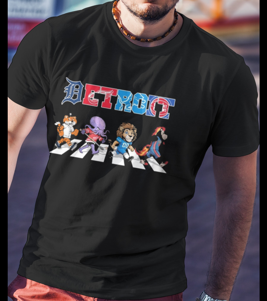 Detroit Tigers Red Wings Lions Pistons Mascots Walking Road T-Shirt