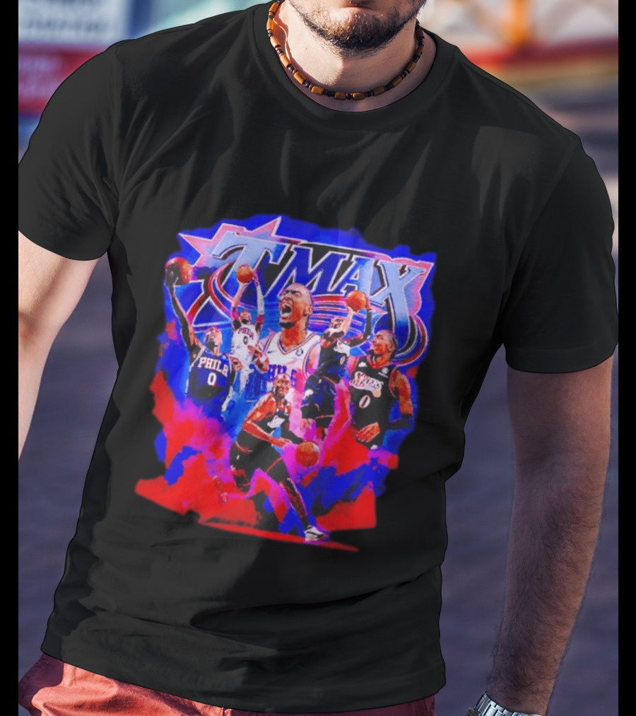 Tyrese Maxey MAX Philadelphia 76ers Basketball Action Montage T-Shirt