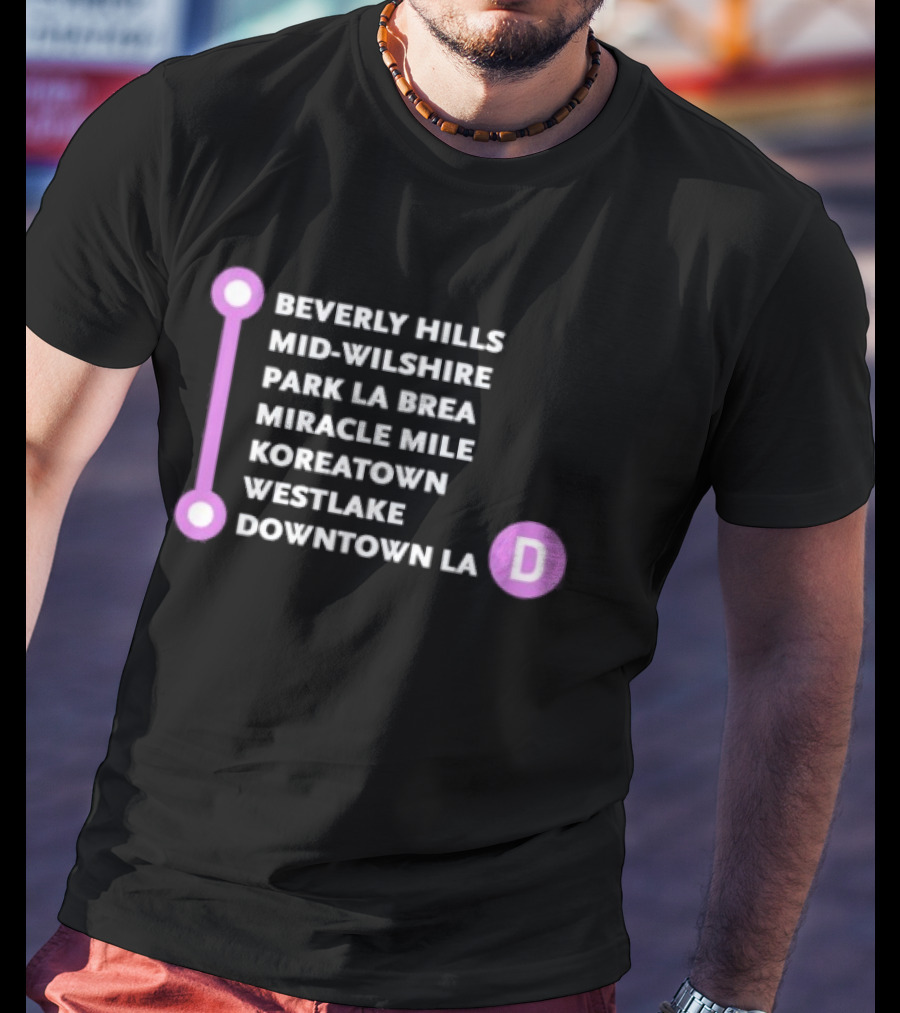 Beverly Hills Mid Wilshire Park La Brea Miracle Mile Koreatown Westlake Downtown LA D Map Purple Circle Route T-Shirt