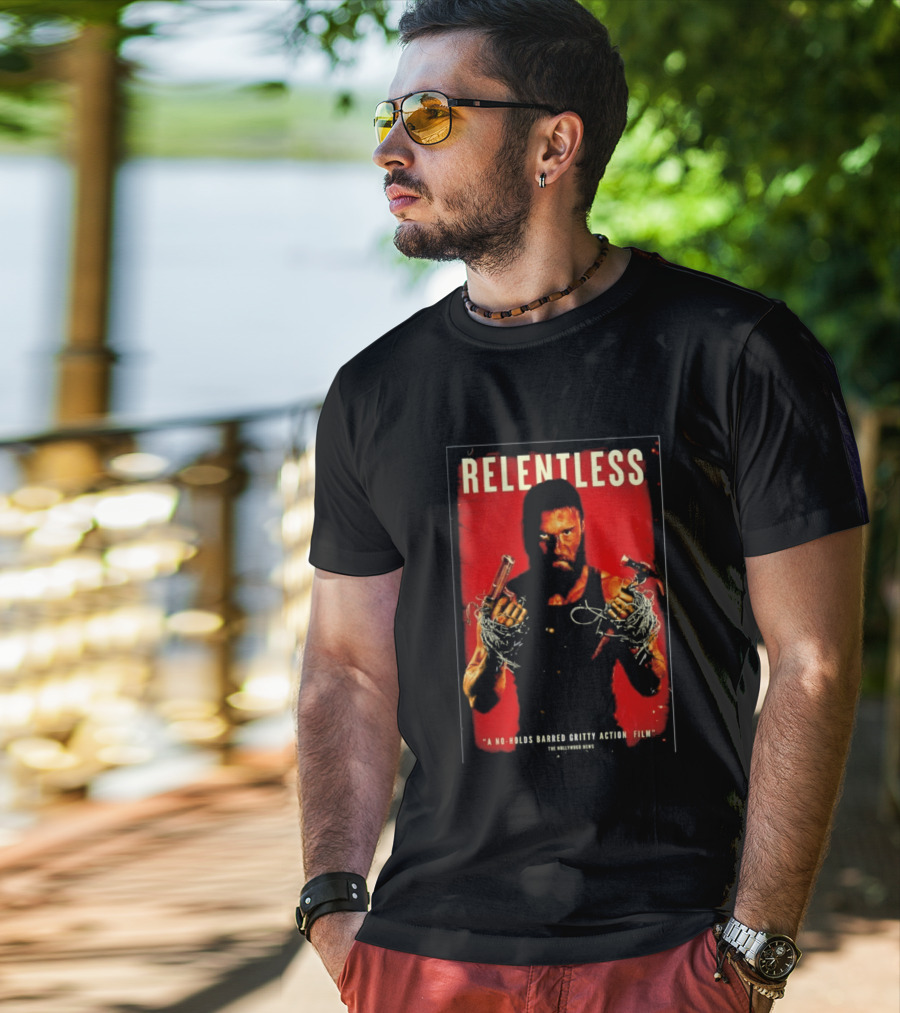 Relentless A No Holds Barred Gritty Action Film Guns Intense Stare Red T-Shirt