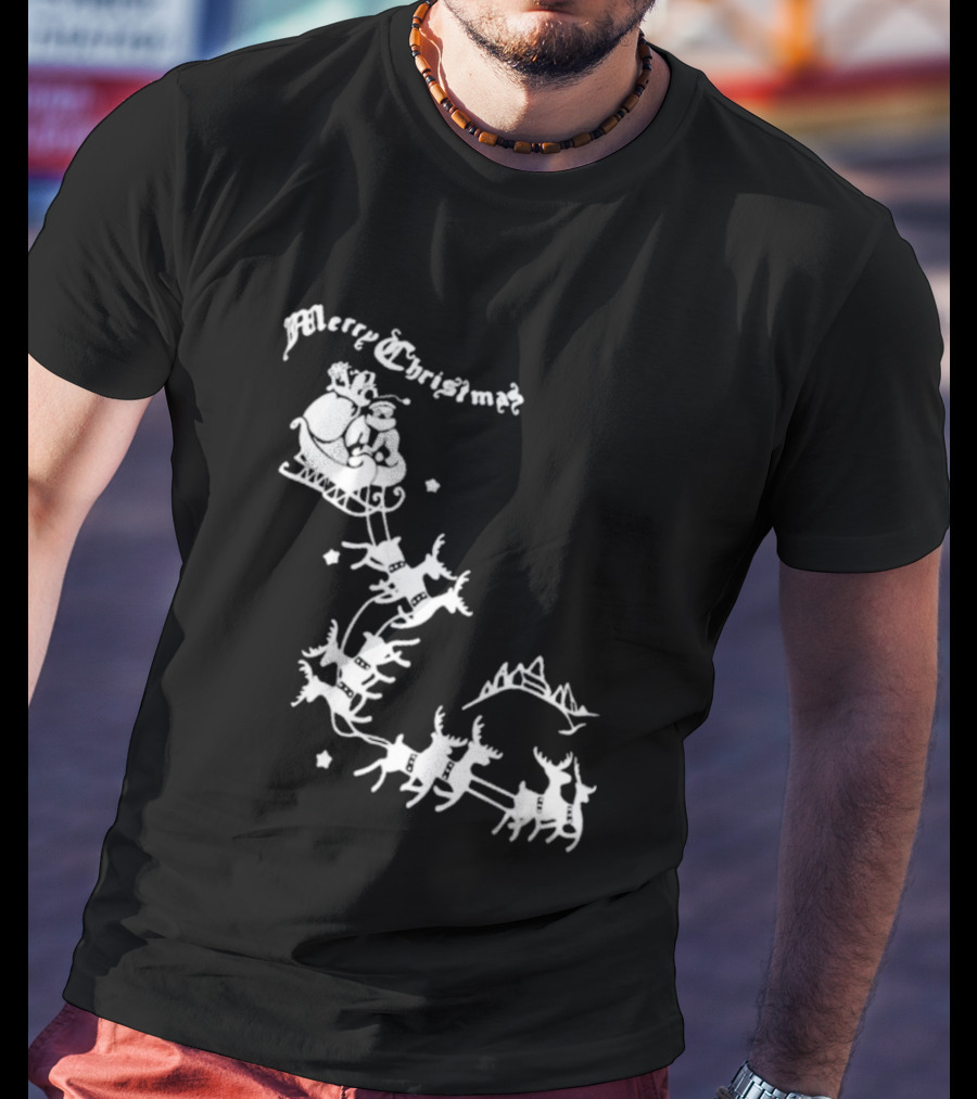 Merry Christmas Santa Sleigh Reindeer In Night Sky With Mountains Isla Gordon T-Shirt