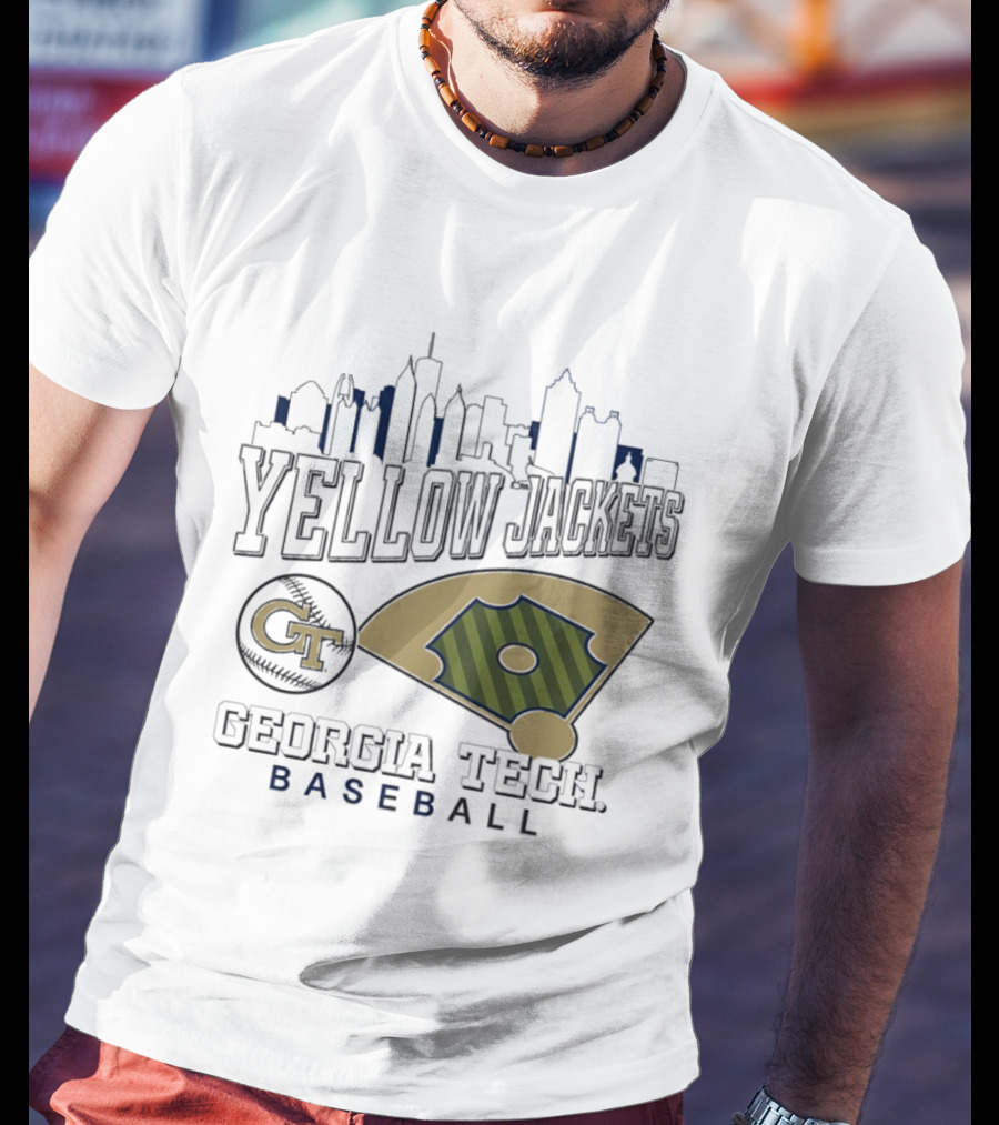 Georgia Tech Yellow Jackets Baseball City Skyline With GT Emblem And Field T-Shirt