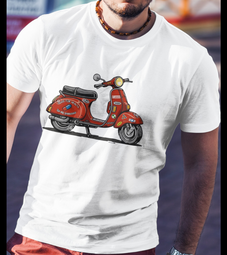Kaneda's Vespa With Good For Health Sticker Citizen And Canon Shoei Arai Logos T-Shirt