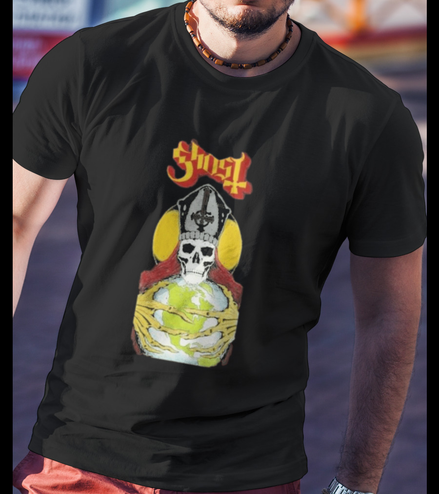 Ghost Skeleton Bishop Holding Earth Iconic Twisted Thread Ceremony T-Shirt