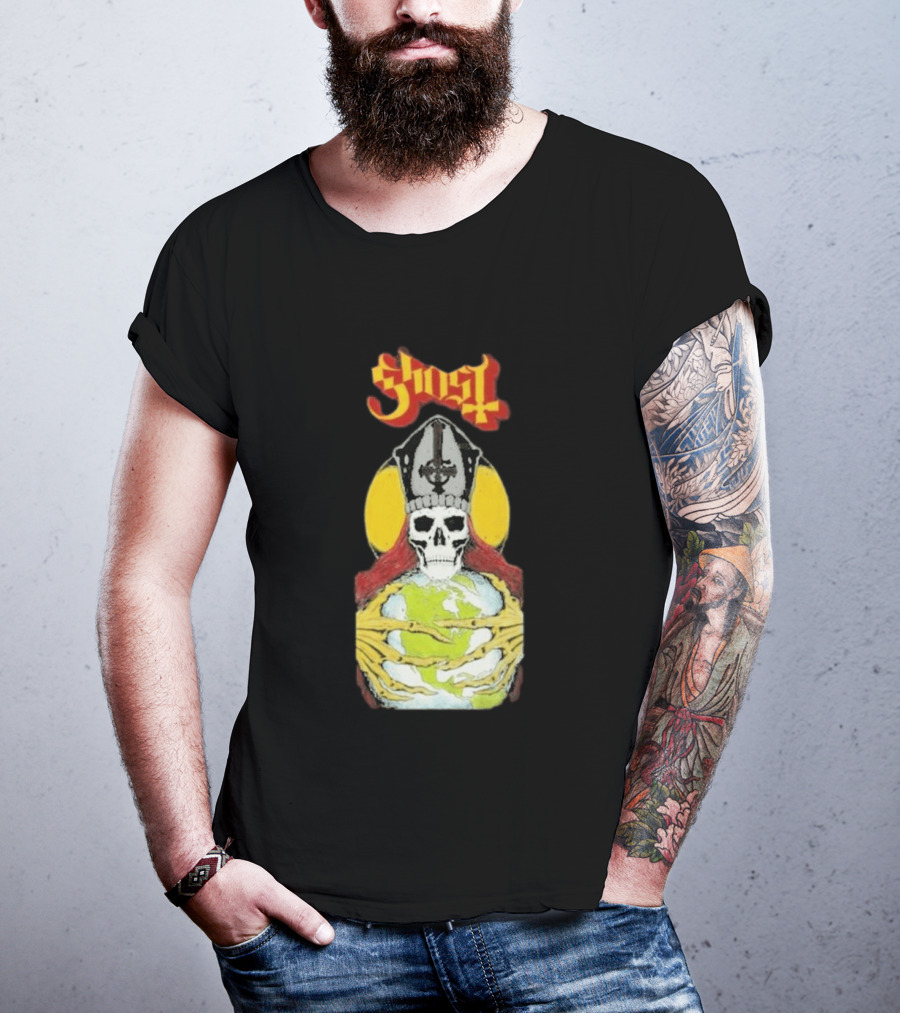 Ghost Skeleton Bishop Holding Earth Iconic Twisted Thread Ceremony T-Shirt