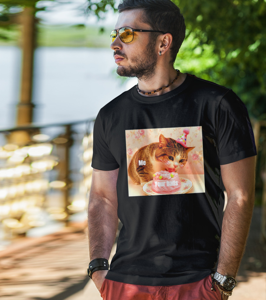 Me Your Balls Cat Eating Cake Party Hat T-Shirt