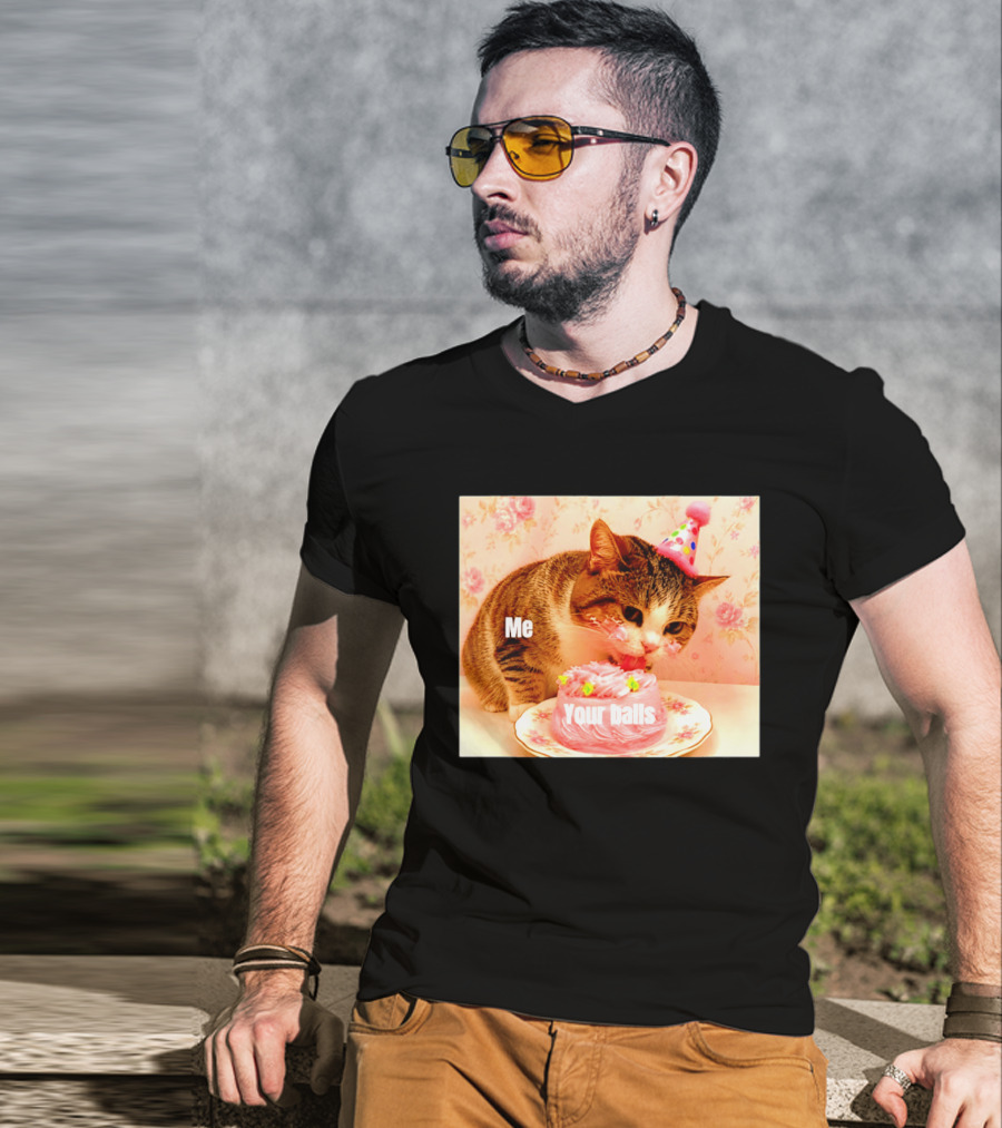 Me Your Balls Cat Eating Cake Party Hat T-Shirt