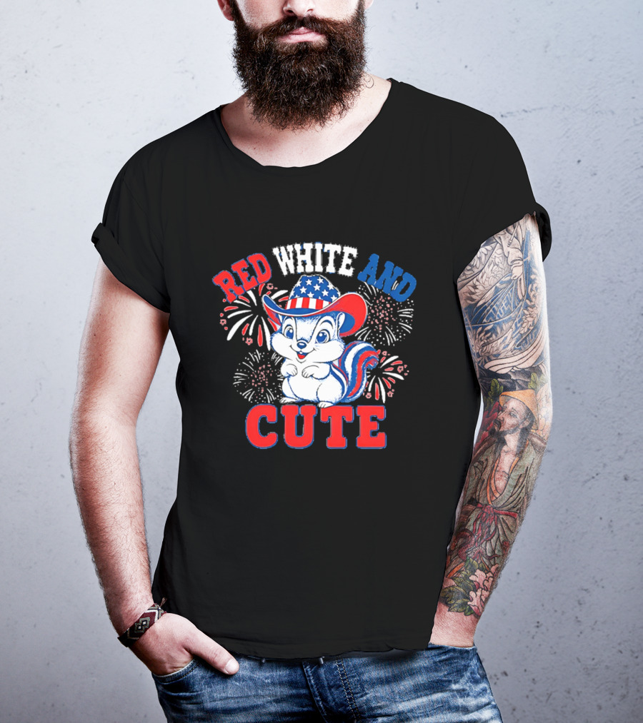 Red White And Cute Fireworks Patriotic Squirrel Cowboy Hat T-Shirt