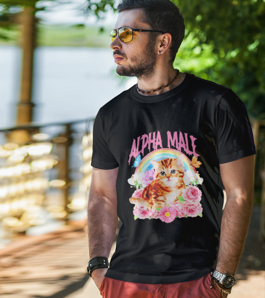 Alpha Male Kitten Rainbow Butterfly Floral Roses T-Shirt
