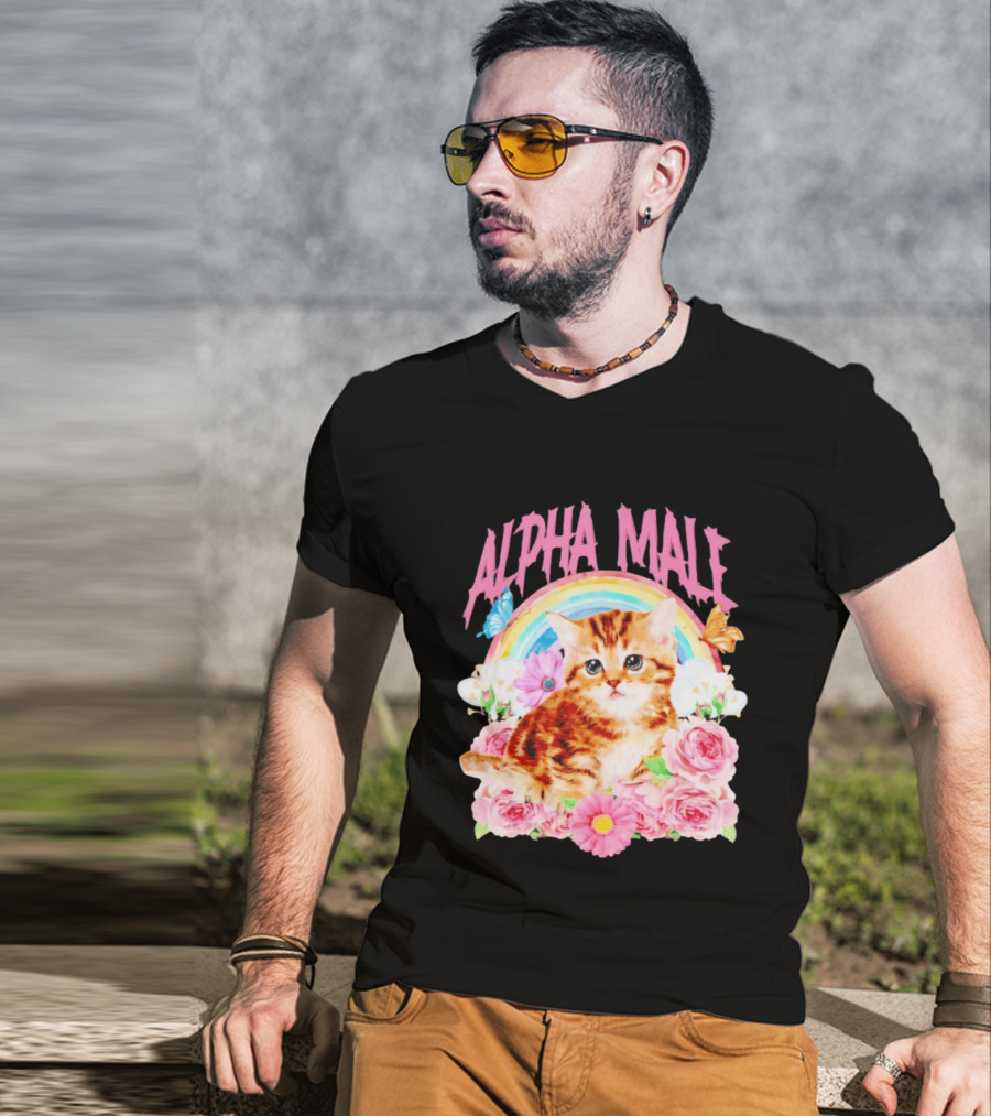 Alpha Male Kitten Rainbow Butterfly Floral Roses T-Shirt