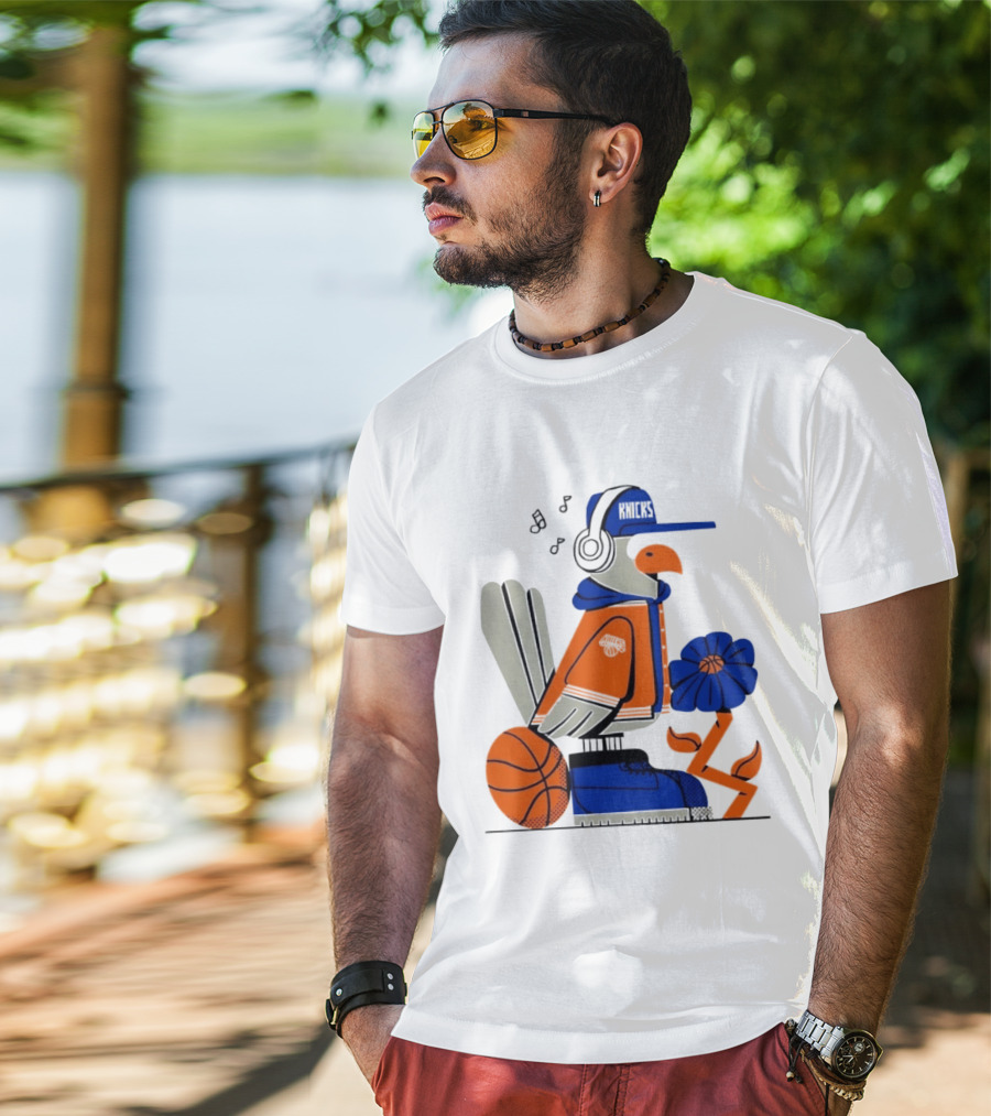 New York Knicks Go Go Go Bird With Cap And Basketball T-Shirt