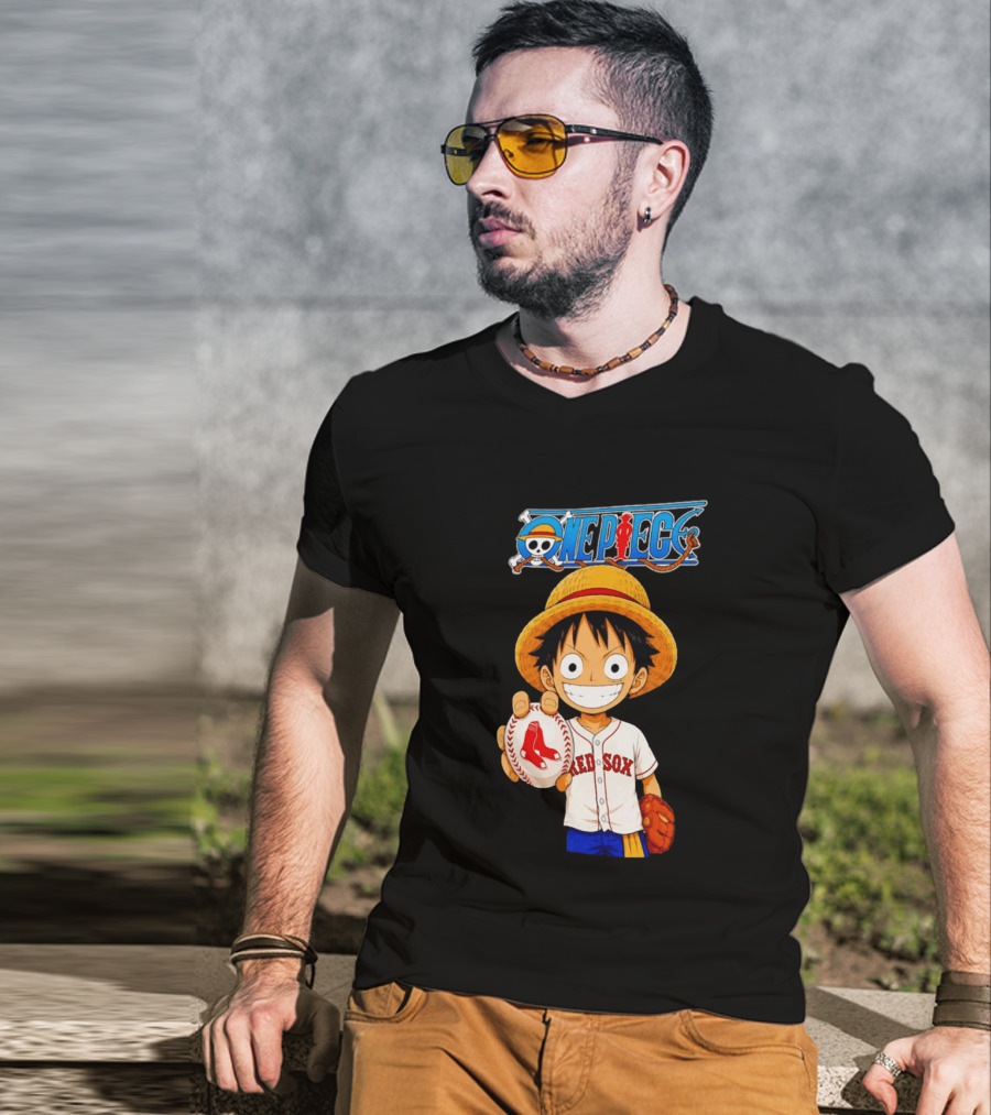 Monkey D. Luffy Red Sox One Piece Crossover Boston Baseball Collaboration T-Shirt