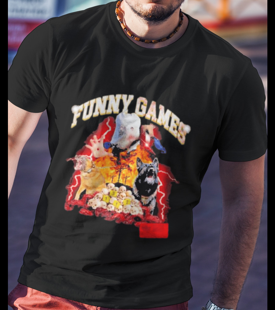 Funny Games Dog Skull Pile Fire Chaos T-Shirt
