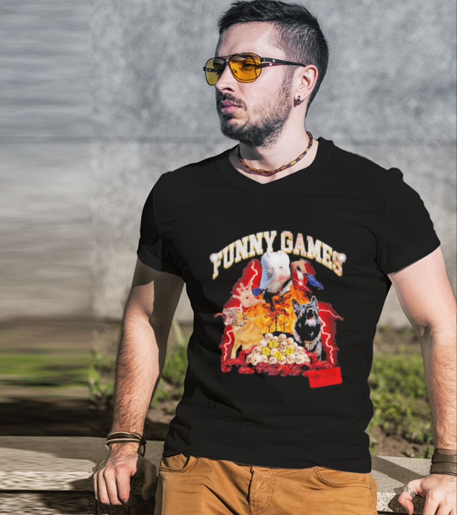 Funny Games Dog Skull Pile Fire Chaos T-Shirt