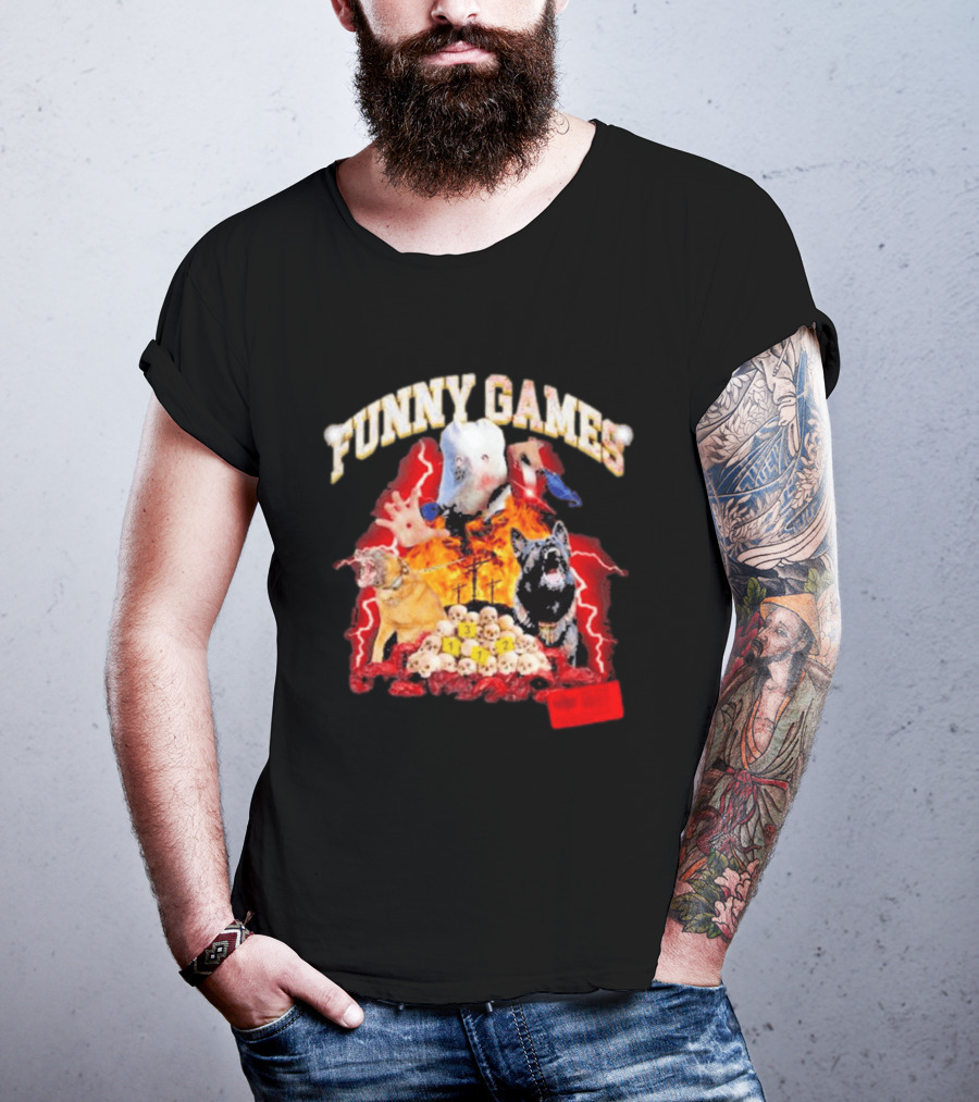 Funny Games Dog Skull Pile Fire Chaos T-Shirt
