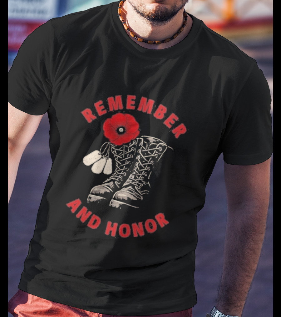 Memorial Day Remember And Honor Poppy Flower Military Boots T-Shirt