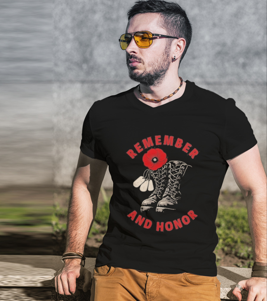 Memorial Day Remember And Honor Poppy Flower Military Boots T-Shirt