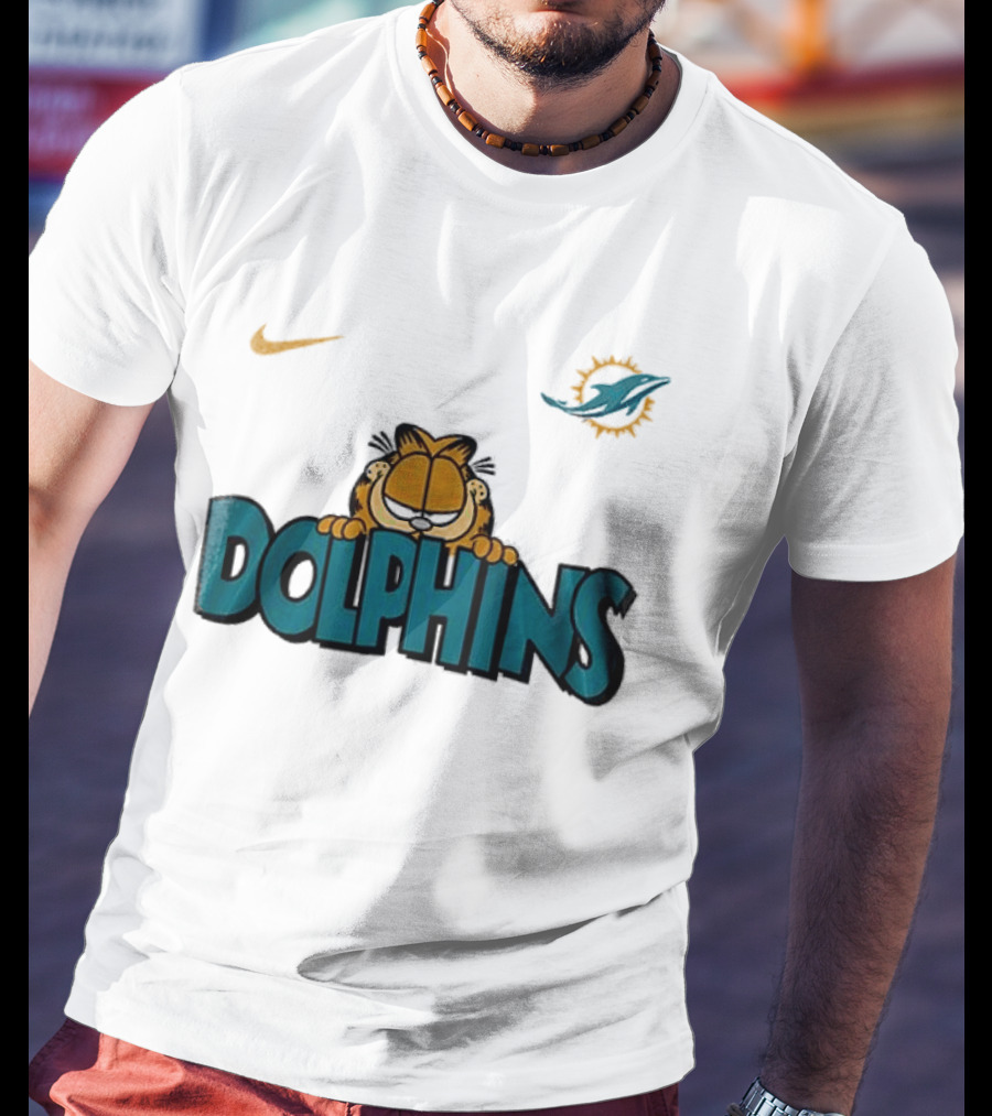 Nike Miami Dolphins Garfield Orange Cat çizim T-Shirt