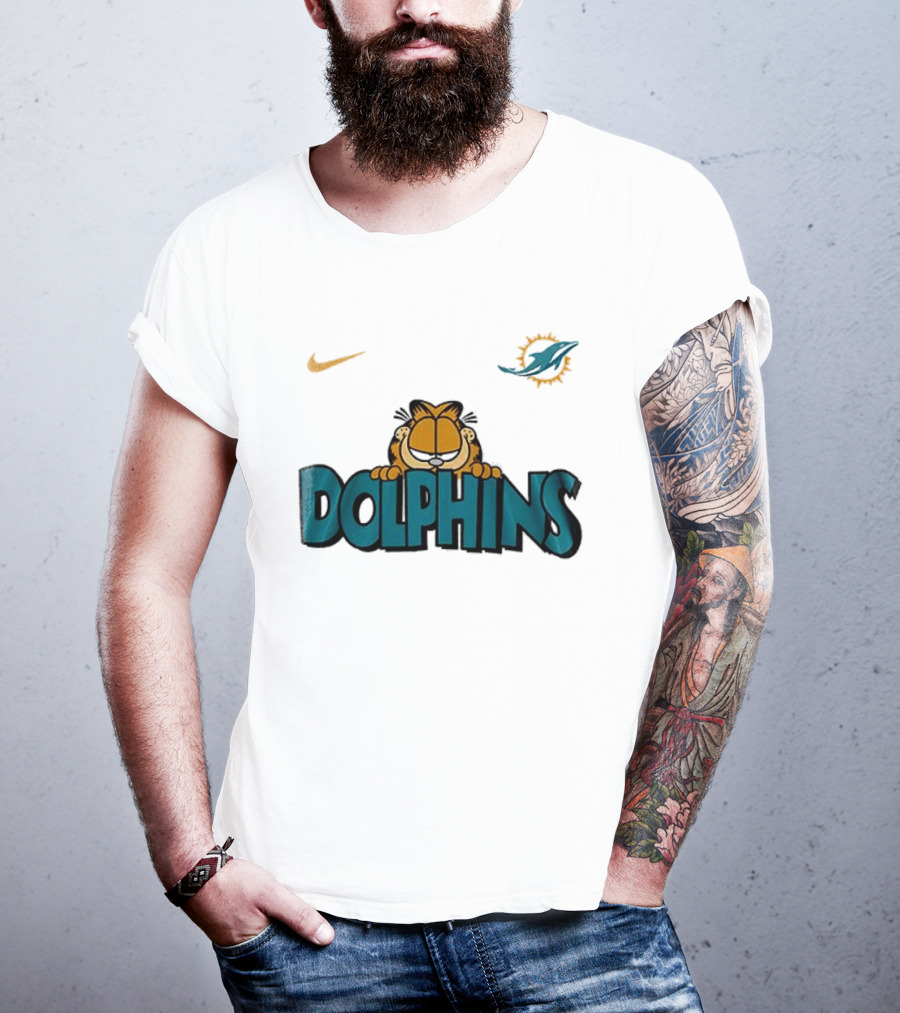 Nike Miami Dolphins Garfield Orange Cat çizim T-Shirt