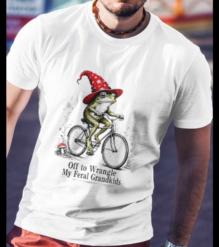 Off To Wrangle My Feral Grandkids Wizard Frog On Bicycle With Red Hat T-Shirt