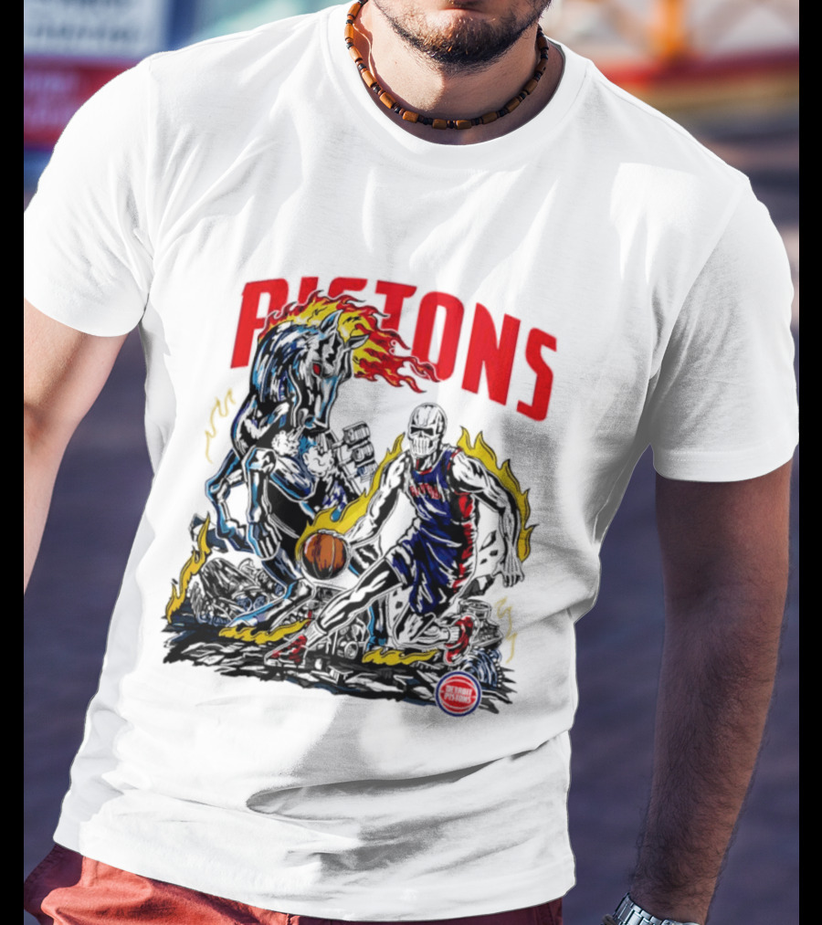 Detroit Pistons Skull Basketball Horse Flames Robot T-Shirt