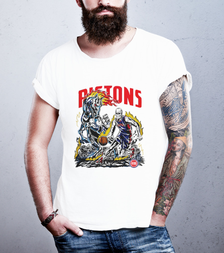 Detroit Pistons Skull Basketball Horse Flames Robot T-Shirt