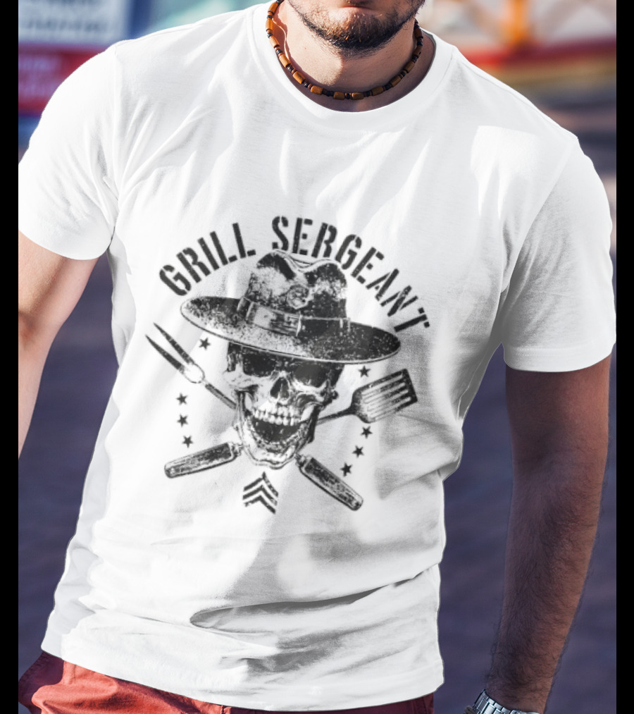 Grill Sergeant Skull Fork Spatula Chef Hat Stars T-Shirt