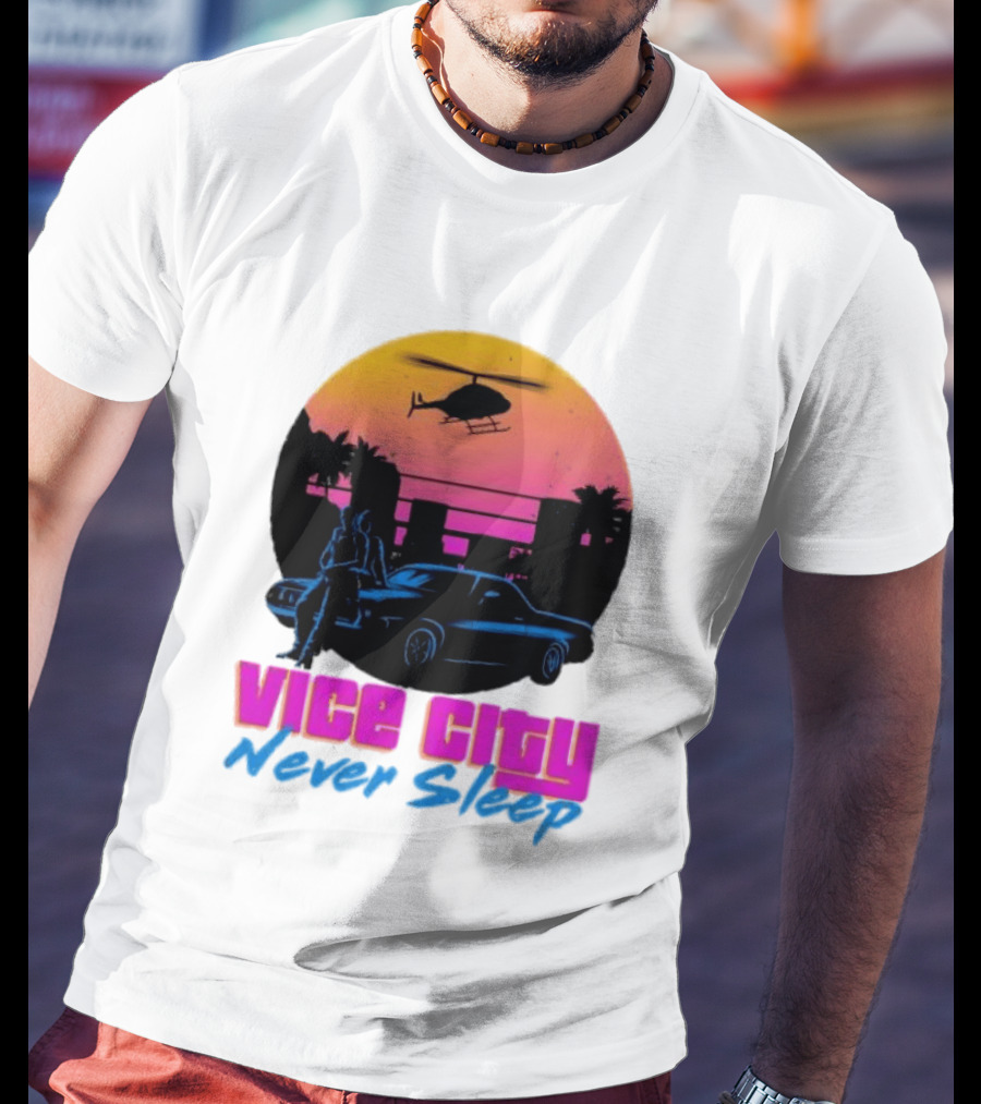 Vice City Never Sleep 80s Sunset Car Helicopter T-Shirt