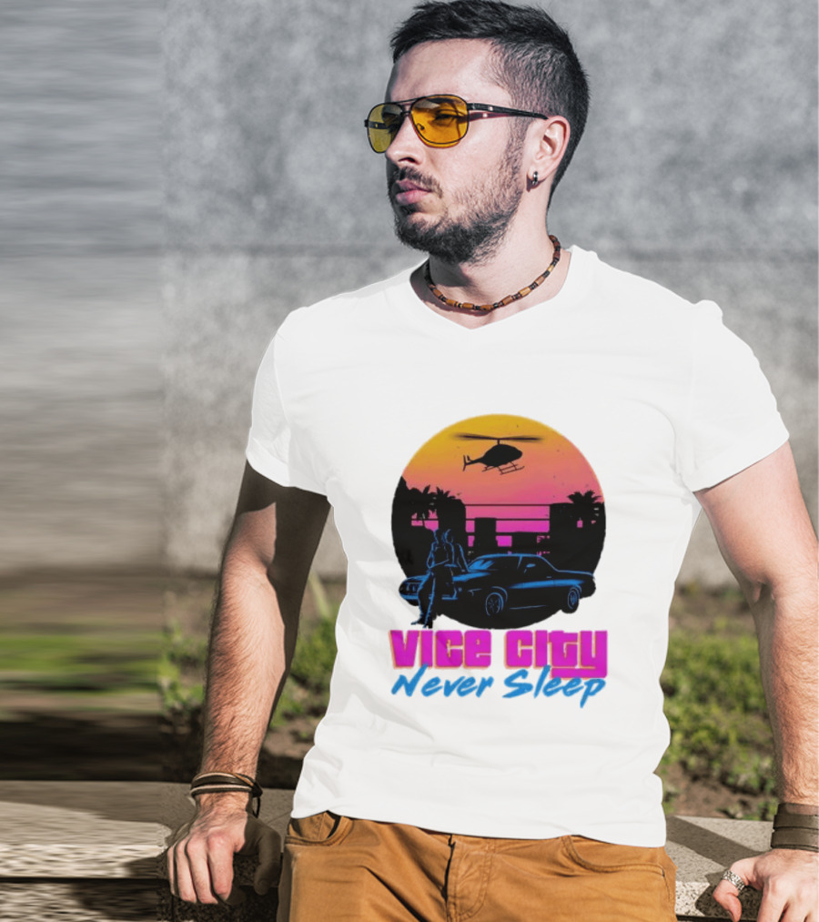 Vice City Never Sleep 80s Sunset Car Helicopter T-Shirt