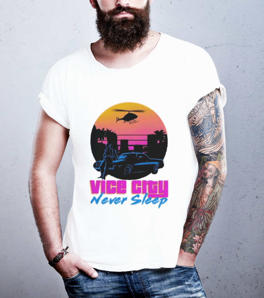 Vice City Never Sleep 80s Sunset Car Helicopter T-Shirt