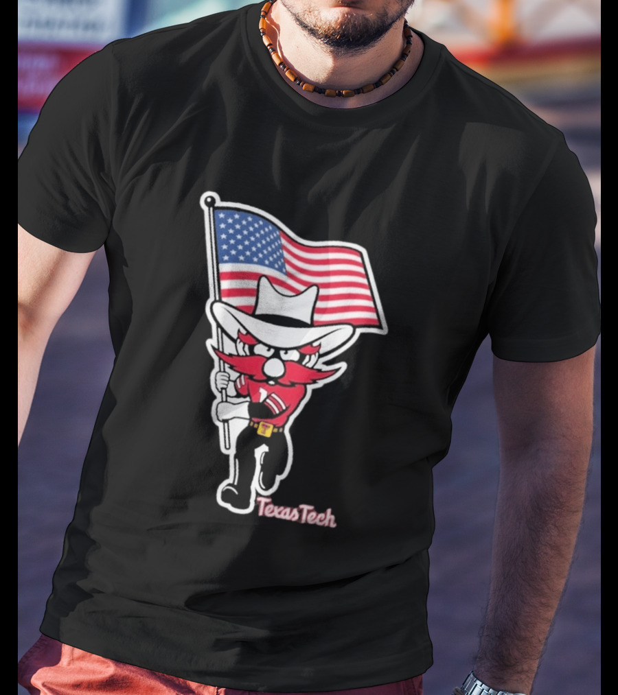 Texas Tech Red Raider Holding American Flag Sticker T-Shirt