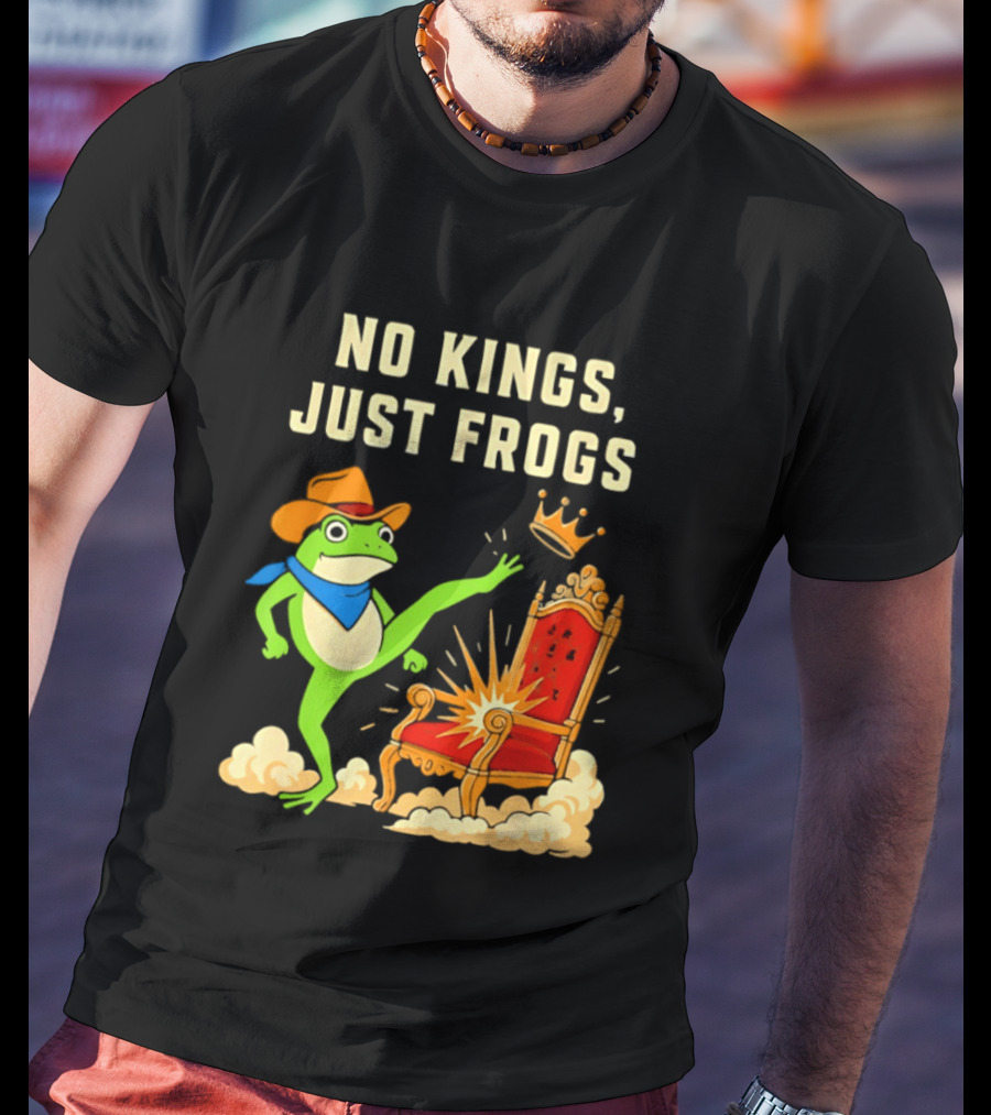 No Kings Just Frogs Portland Cowboy Frog Kicking Crown From Throne T-Shirt