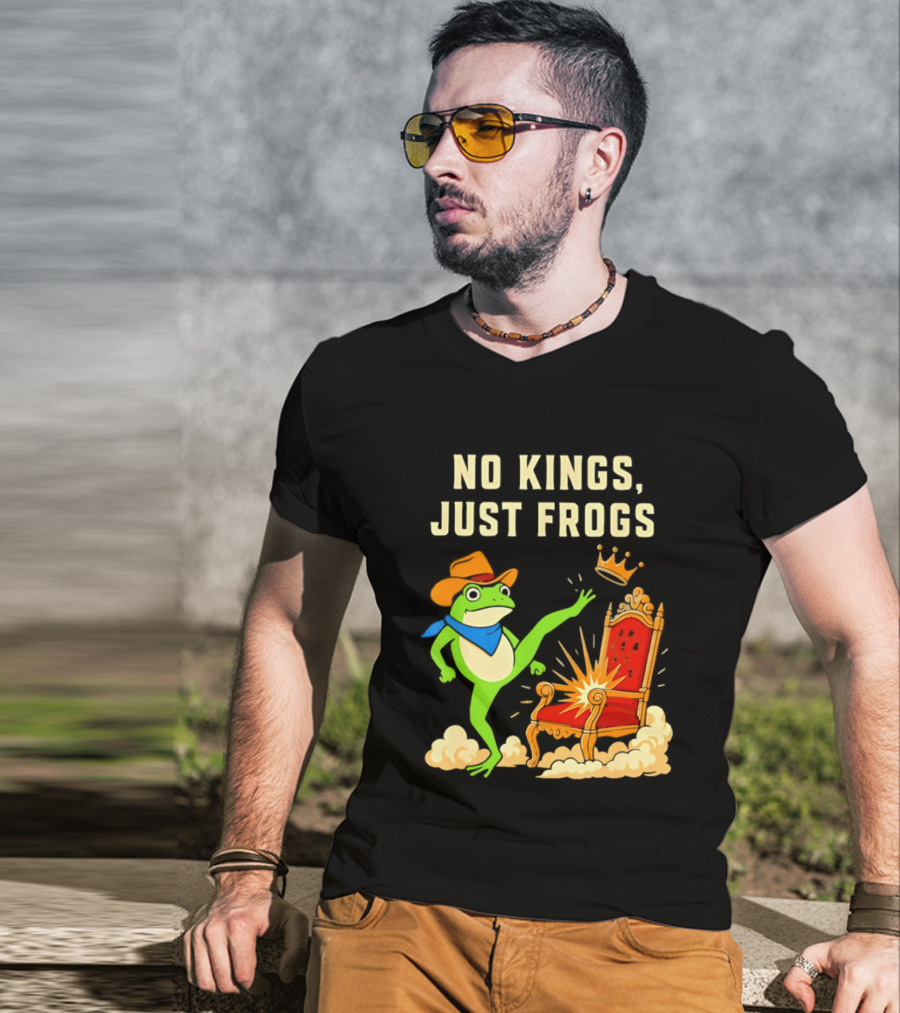No Kings Just Frogs Portland Cowboy Frog Kicking Crown From Throne T-Shirt
