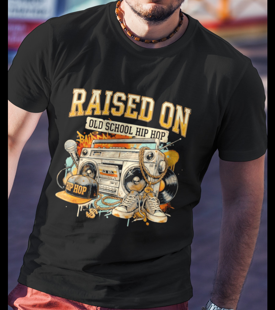 Raised On Old School Hip Hop Boombox Sneakers Microphone Cap Vinyl T-Shirt